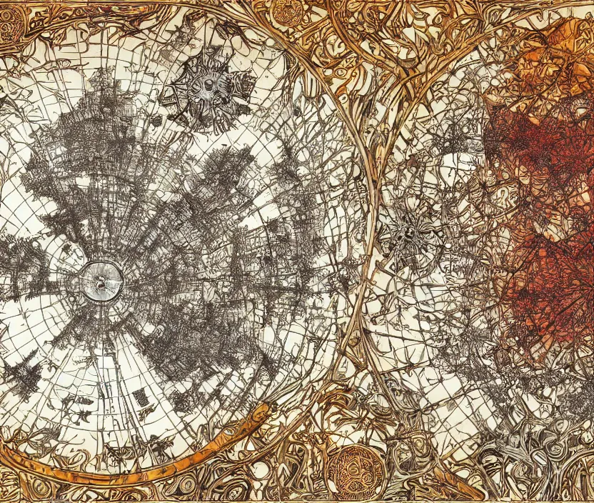 Prompt: highly detailed labeled atlas map poster of a synthetic planet, heraldic, detailed, paper drawing, fractal structure, golden, silver and crimson ink, factories and nature, intricate details, warhammer