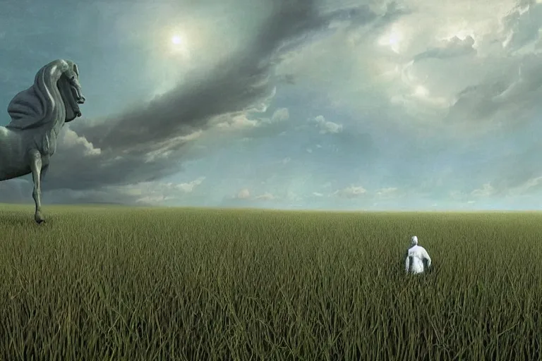 Prompt: a white marble statue of man withered grass vicissitude octane render detailed surrealism by vladimir kush