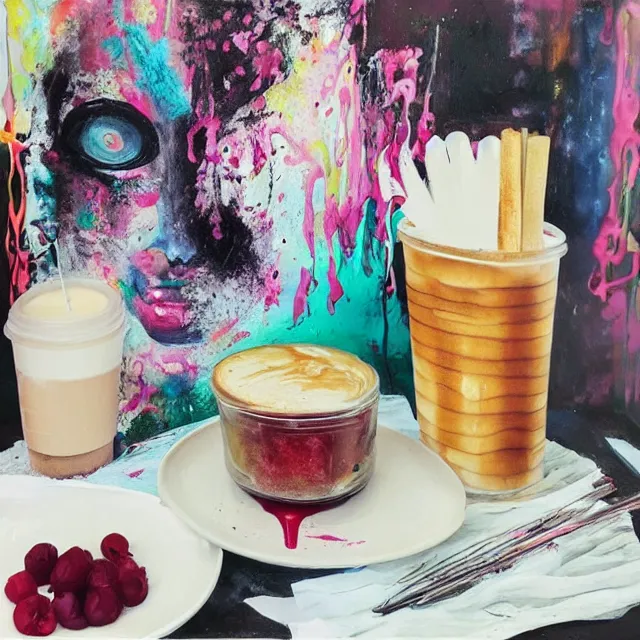 Image similar to “ sensual, neo - expressionism, surrealism, a portrait in a female art student ’ s apartment, pancakes, iced latte, berries, art supplies, a candle dripping white wax, berry juice drips, acrylic and spray paint and oilstick on canvas ”