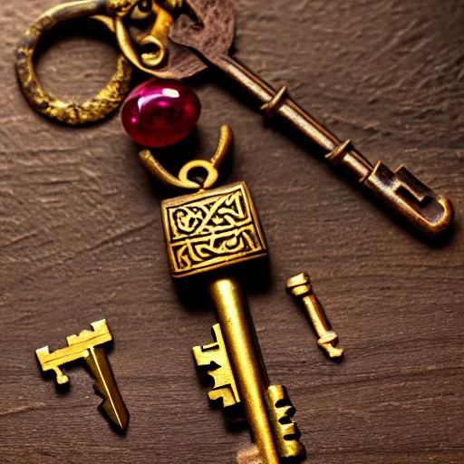 Image similar to a large ornate key with gems and engraved runes, on a rough wooden dungeon table, very little light, candlelit, d & d, underexposed macro photo