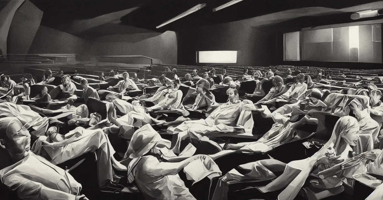 Prompt: human beings sit in the cinema and watch the illusions of their lives on the screens of life, which project the light of consciousness, realistic, deep sense of spirituality, contrast shading, unreal engine, vray, style of syd mead