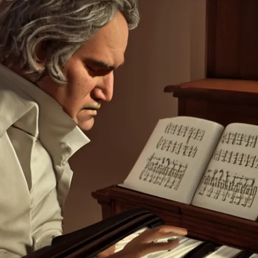 Image similar to of beethoven trying to compose at the piano but unable to hear and crying with frustration with pages of hand written score all around unreal engine 5 3 d photorealistic scene cinematic lighting