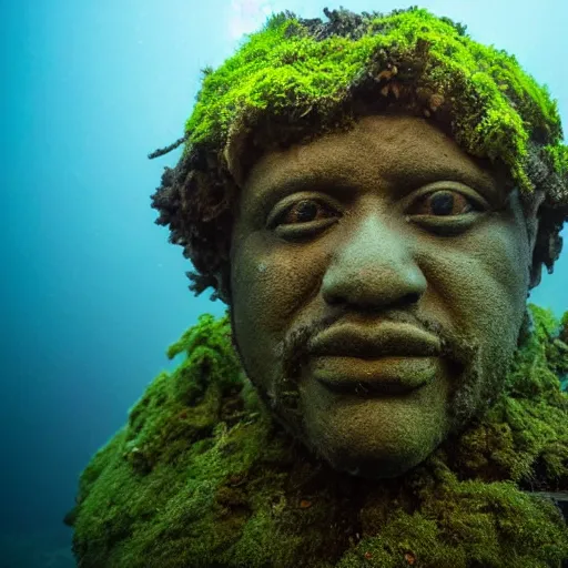 Image similar to Award-winning photograph by Mar Mann. The photo depicts a decaying roman bust of Tim Maia overgrown with moss at the bottom of the sea in the middle of ruins of civilization. Minimalism, high definition, perfect composition. Deep sea picture. Very dark. Volumetric Lighting. Fish. Darkness. Ruins