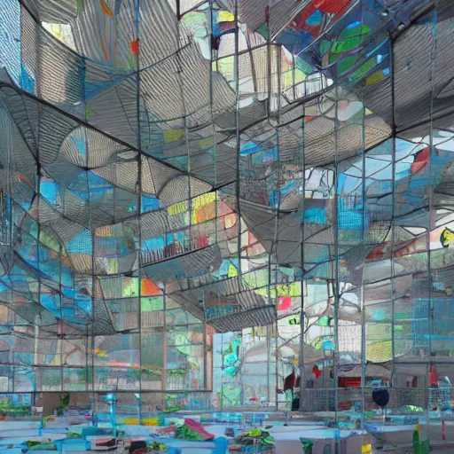 Prompt: architecture models made from colorful fabric, translucent, structure, octane render, incredibly detailed