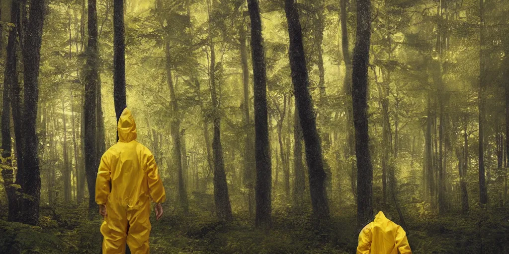 Image similar to a mysterious man in a yellow hazmat suit stands in a detailed fantastic forest, painting, concept - art, rendering, octane, redshift, cinematic composition, volumetric lighting