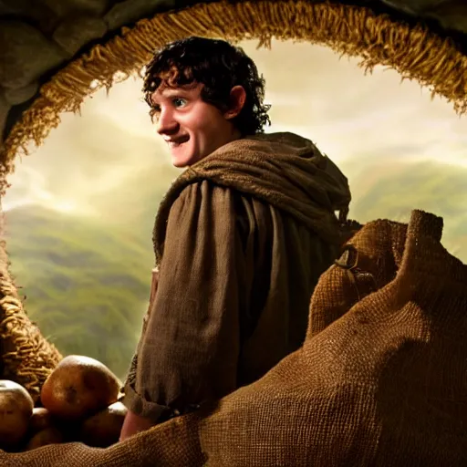 Image similar to frodo from lord of the rings in a burlap sack of potatoes, and the sack has many potatoes in it, photography, realistic, mid shot, in his hobbit home, cinematic lighting