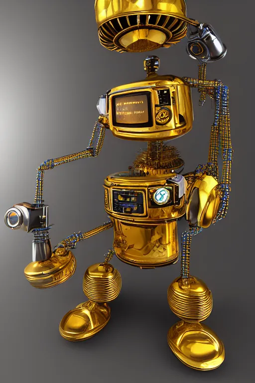 Image similar to portrait photo of a giant golden and blue metal steampunk kitchen robot cook chef with gears and tubes, eyes are green lights, shiny crisp finish, 3 d render, 8 k, insaneley detailed, fluorescent colors, background is multicolored lasershow