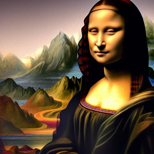 Image similar to a beautiful black Girl as the Mona Lisa. symmetrical, perfect body and face. dramatic angle, ornate, details, smooth, sharp focus, illustration, realistic, cinematic, artstation, award winning, rgb , unreal engine, octane render, cinematic light, macro, depth of field, blur, red light and clouds from the back, highly detailed epic cinematic concept art CG render made in Maya, Blender and Photoshop, octane render, excellent composition, dynamic dramatic cinematic lighting, aesthetic, very inspirational, arthouse by Leonardo da Vinci