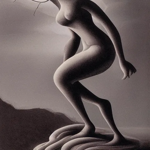 Image similar to A beautiful computer art of a human-like creature with long, stringy hair. The figure has no eyes, only a mouth with long, sharp teeth. The creature is standing on a cliff overlooking a dark, foreboding sea. by Alexander Archipenko composed, imposing