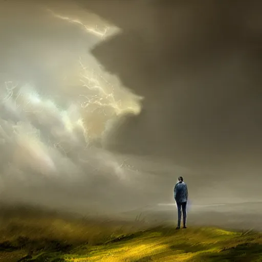 Image similar to a regretful man on a hill and storm is coming, digital painting, futured, ultra detailed