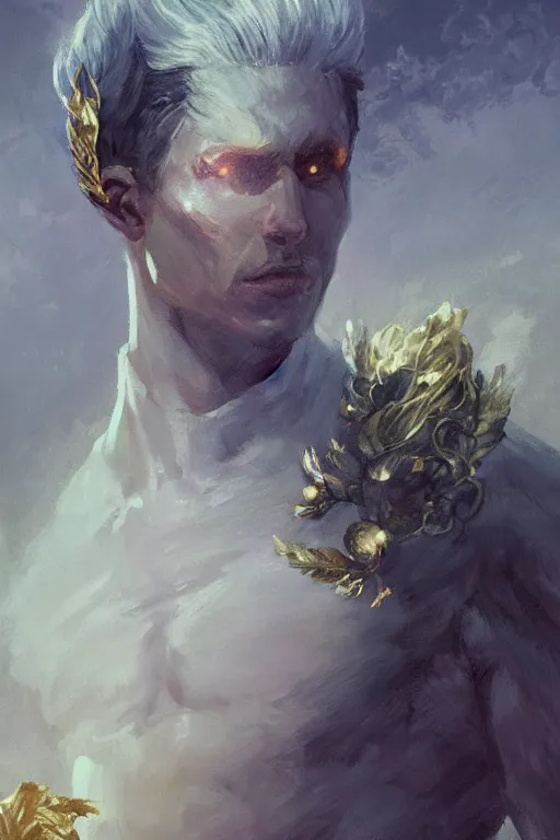 Prompt: a masculine elegant man from sideview and wearing golden laurel wreath, ethereal horror fantasy propaganda art by greg rutkowski and magali villanueve and monet con