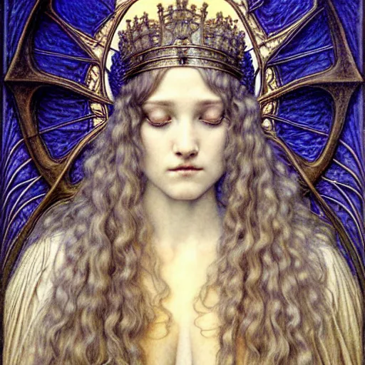 Image similar to detailed realistic beautiful young medieval queen face portrait by jean delville, gustave dore and marco mazzoni, art nouveau, symbolist, visionary, gothic, pre - raphaelite. horizontal symmetry