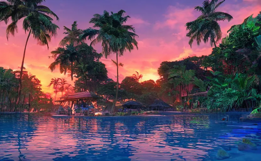 Image similar to a tropical resort in a jungle paradise, with a beautiful red and blue sunset, dynamic lighting, photorealistic fantasy concept art, trending on art station, stunning visuals, creative, cinematic, ultra detailed, ray tracing, sun rays