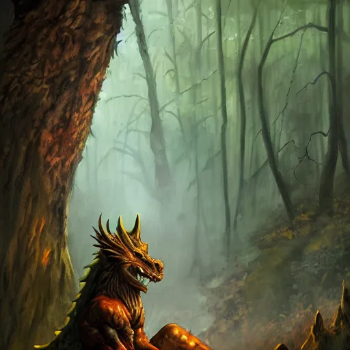 Image similar to oil painting of dragon in a forest, dnd character, fantasy, realistic textured skin, wolf head, glowing eyes, sharp focus, artgem, boris valejo, frank frazetta, heavy metal style, trending on artstation, digital painting, julie bell, beautiful, very detailed,