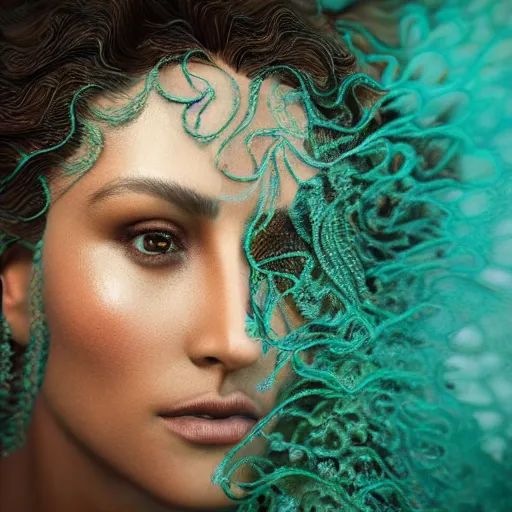 Prompt: a regal brown woman wearing an intricate and detailed armor made of blue and green ocean waves. waves crashing. ocean photography. layers. textures. delicate. translucent. studio portrait. photorealistic. octane render