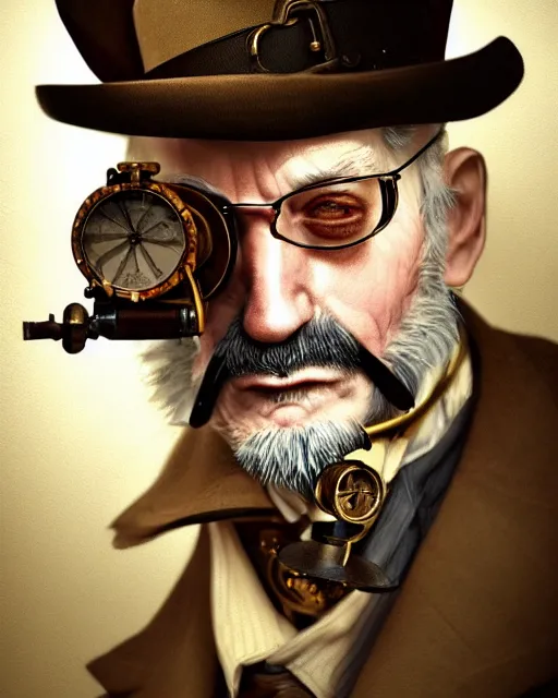 Image similar to steampunk old man portrait, handsome, steampunk hat, detective coat, steampunk monocle, smoking pipe, hyper realistic 3 d render by ilya kuvshinov, peter mohrbacher, greg rutkowski, ryohei hase, dramatic lighting, intricate, highly detailed, sharp focus, luminous, unreal engine, blender, deviant art, masterpiece, ray tracing