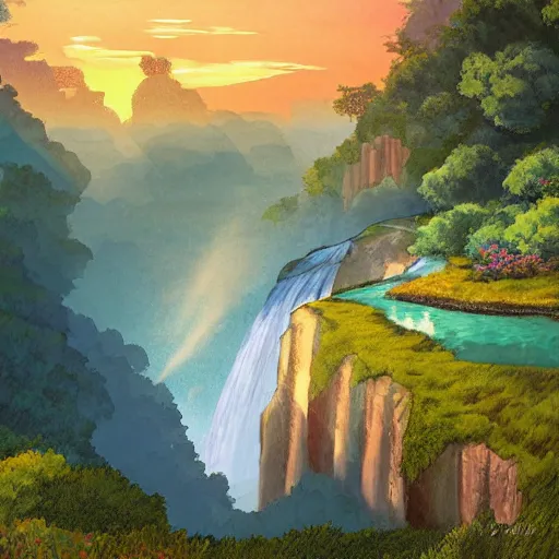 Prompt: beautiful painting of cliffs with waterfall, lake at the bottom of the waterfall, sunset windy evening, studio ghibli, highly detailed digital art