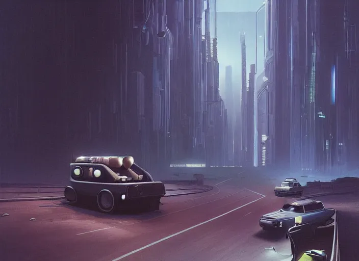 Prompt: a car bu driving down a street next to tall Forest-1 the night, cyberpunk art by Chesley Bonestell, cgsociety, retrofuturism, matte painting, reimagined by industrial light and magic