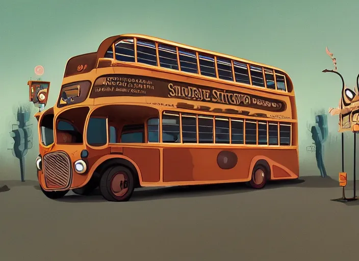 Prompt: matte sharp painting, a steampunk double decker bus, juxtapoz, artforum, gary baseman, preston blair, tex avery, dan mumford, pedro correa