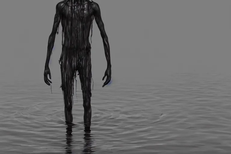 Prompt: a creepy drowned man crawling out of the water, strings of black goo hanging from his arms, very long arms, extremely long fingers, standing in shallow water, drowned, unsettling, creepy, artstation, cgsociety
