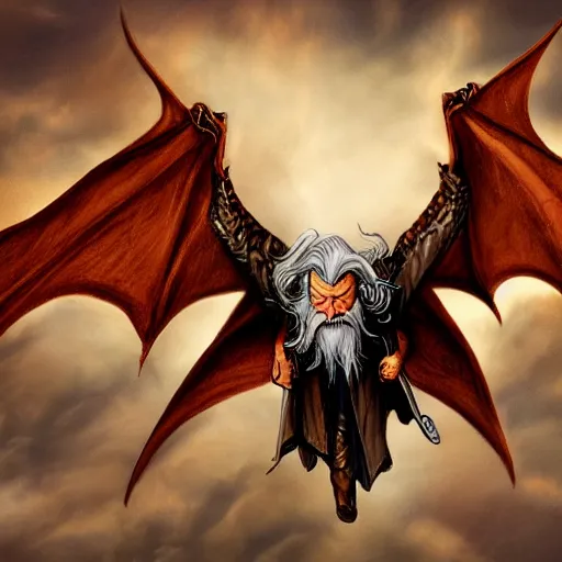 Image similar to gandalf flying on the back of smaug, lotr, highly detailed, digital art,