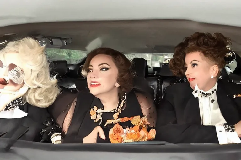 Image similar to lady gaga and judy garland doing carpool karaoke, lady gaga and judy garland, carpool karaoke, lady gaga, judy garland, carpool karaoke, youtube video screenshot, the late late show with james corden