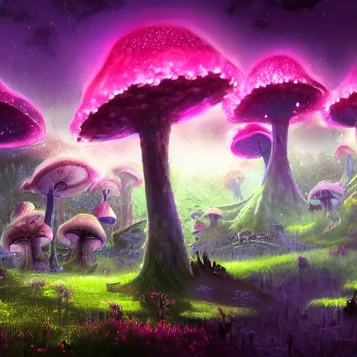 Image similar to concept art painting of a fantasy alien fungal landscape at night, magenta trees, glowing blue mushrooms, village of houses made of mushrooms, dark purple sky, realistic, detailed, cel shaded, in the style of makoto shinkai and greg rutkowski and albert bierstadt and james gurney