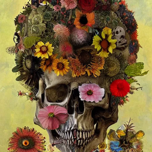 Image similar to 'Life from death' A beautiful detailed aesthetic horror full body painting depicting 'A skeleton with plants and flowers growing all over it, birds and bees flying all around it' by Odilon Redon and giuseppe arcimboldo, Trending on cgsociety artstation, 8k, masterpiece, cinematic lighting.