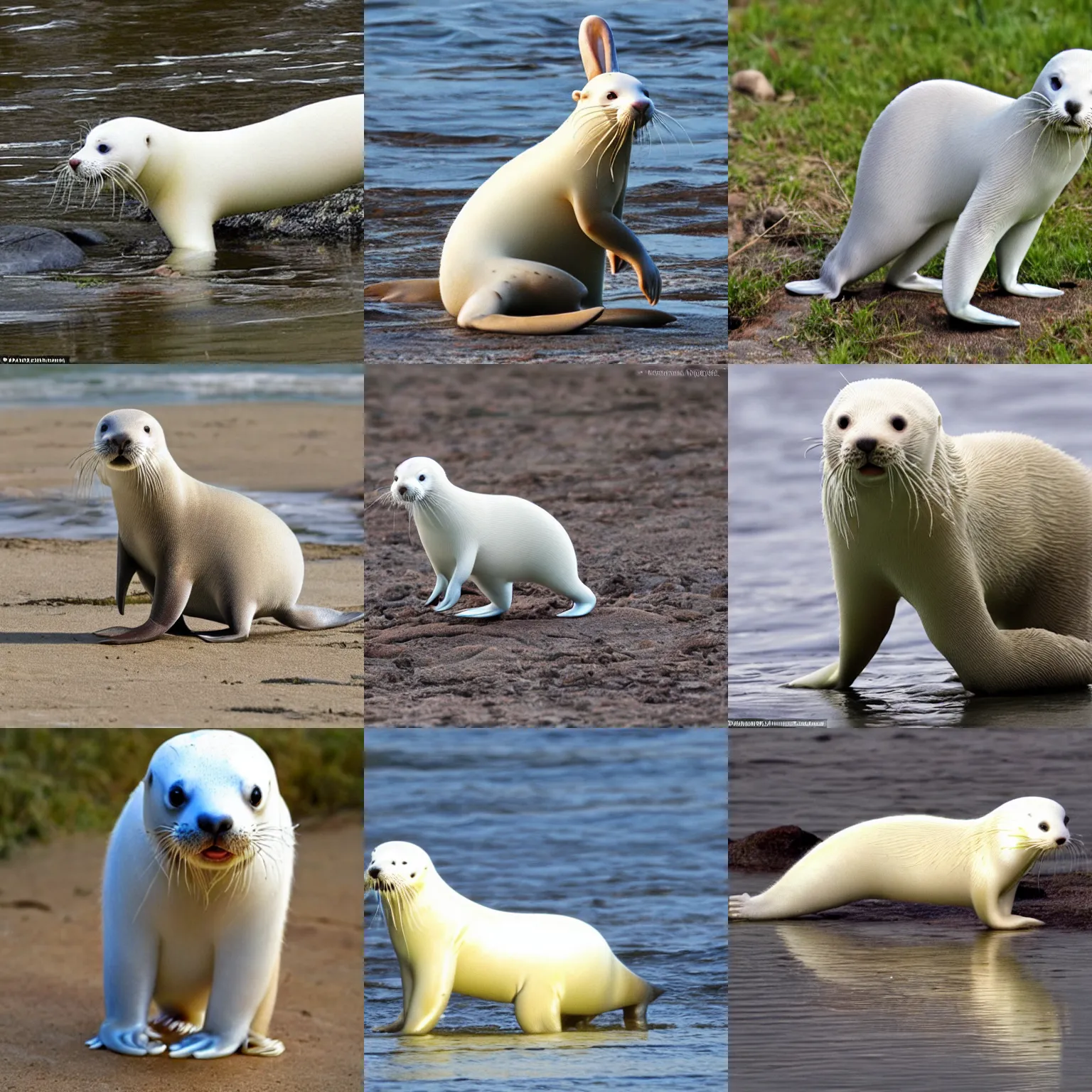 Prompt: bipedal albino amphibious otter seal hybrid with rabbit ears and a big tail
