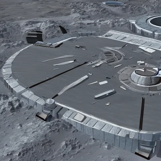 Prompt: Concept art of a lunar base, with people working around it and ships W 768