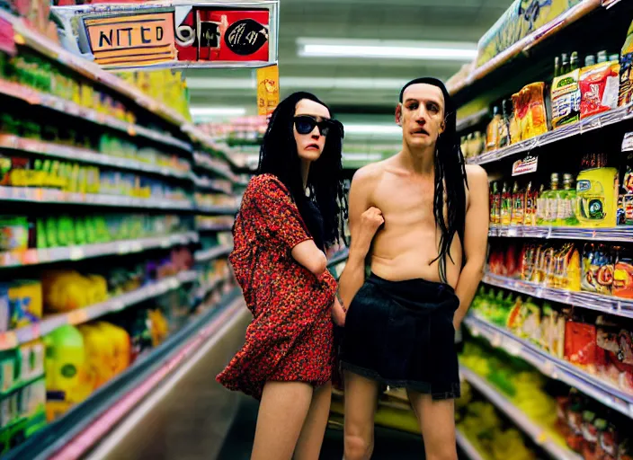 Prompt: 28mm photo of a woman and man in supermarket, in the style of David cronenberg ,scary, weird, high fashion, ID magazine, vogue magazine, homes and garden magazine, surprising, freaky, freak show, realistic, sharp focus, 8k high definition, medium format film photography, photo realistic, insanely detailed, intricate, elegant, art by yoshitaka amano and David kostic and stanley lau and artgerm