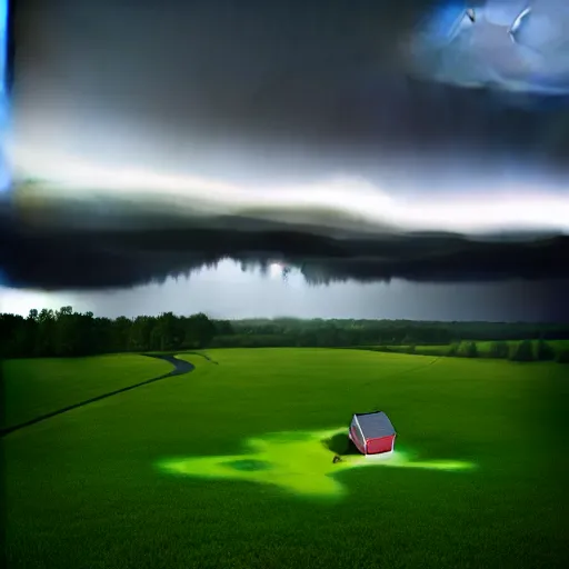 Prompt: erik johansson landscape beautifully lit storm clouds, global illumination, volumetric mist,, crepuscular, hurricane