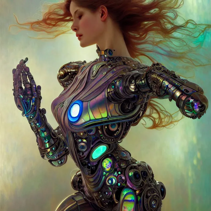 Prompt: organic cyborg, iridescent bettle, diffuse lighting, fantasy, intricate, elegant, highly detailed, lifelike, photorealistic, digital painting, artstation, illustration, concept art, smooth, sharp focus, art by john collier and albert aublet and krenz cushart and artem demura and alphonse mucha