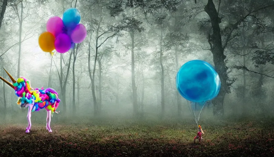 Prompt: A unicorn made out of balloons floats lonely through a dark foggy Forest, Digital Art, Photorealism, Hyper Realistic, Hyperdetailed, Movie Screenshot, iMAX Quality