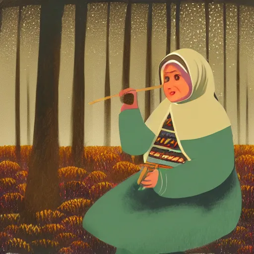 Image similar to a babushka playing drums and in a forest with stars in the sky over her head