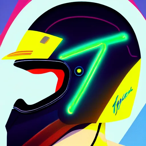 Image similar to profile photo of a driver with a helmet and a visor with eye lashes, side profile on a neon racing track, cinematic, 8k, highly detailed, digital painting, artstation, concept art, smooth, sharp focus, illustration by Sandra Chevrier