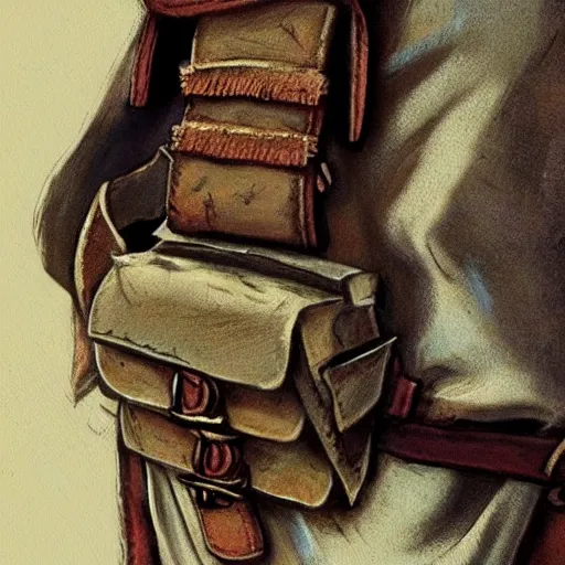 Image similar to close-up of medieval bags attached to belt, small bags made of cotton, detail, fantasy, style of Frank Frazetta, concept art, trending on artstation, Dungeon and Dragons