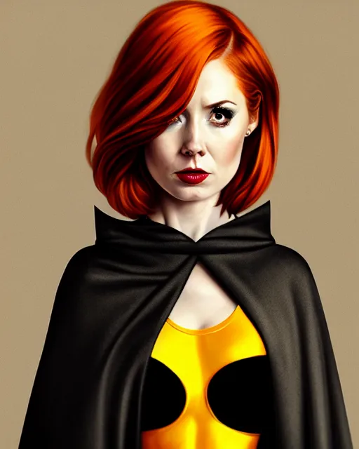 Prompt: Karen Gillan Batgirl, redhead, full body Batgirl costume with cape, no mask, symmetrical face symmetrical eyes, leaping from a building, illustration, artstation, cinematic lighting, hyperdetailed, cgsociety, 8k, high resolution, Charlie Bowater, Tom Bagshaw, Norman Rockwell, insanely detailed and intricate