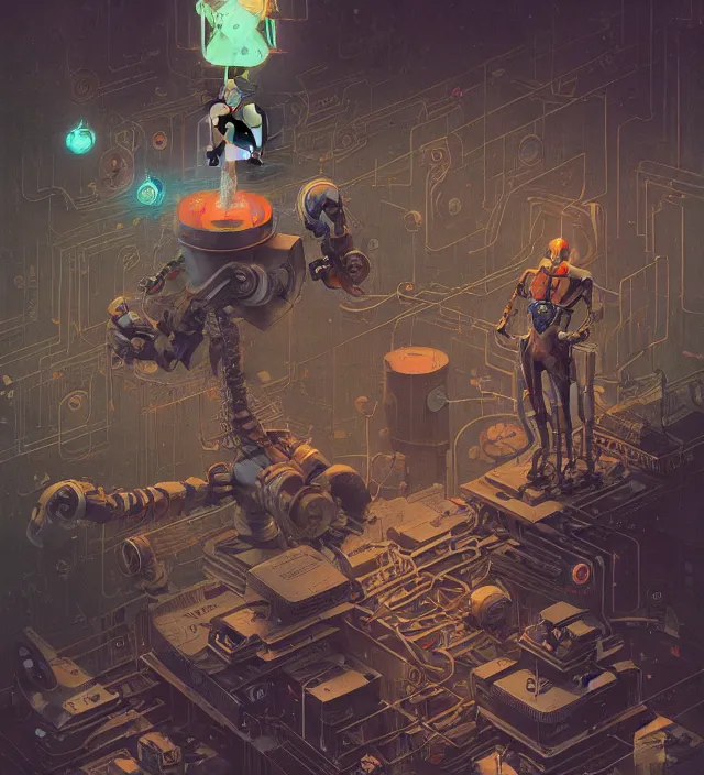 Image similar to anthropomorphic robot working endlessly as a salve inside a hell digital world, being observed by an infinite amount of human beings, vintage soft grainy, in the style of Oscar chichoni and Peter mohrbacher and Dawid planet
