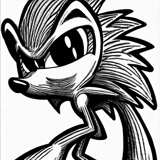 Image similar to low angle shot of Sonic the Hedghehog, ink drawing by Robert Crumb, intricate, elegant, highly detailed, centered, digital painting, artstation, concept art, smooth