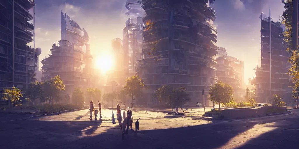 Prompt: street view of utopian solarpunk city, futuristic architecture, hyperrealism, octopath traveler, octane render, misty, highly rendered, global illumination, radiant light, golden hour, cinematic, by vincent callebaut and zaha hadid and zack snyder, 8 k