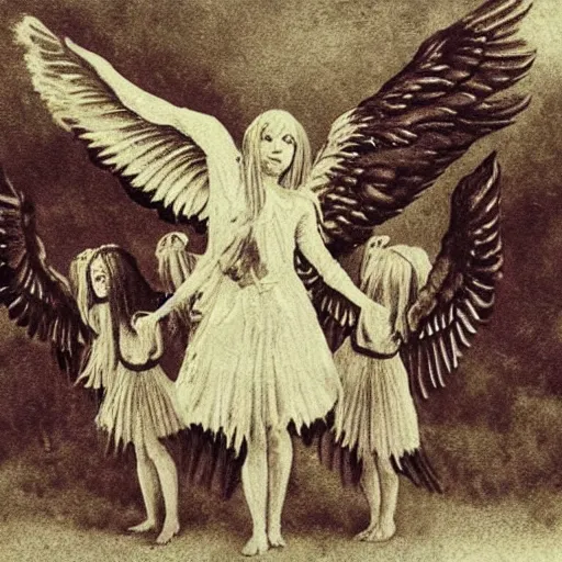 Image similar to angelgirls with deteriorating wings perform an occult ritual, overexposed photograph, stressed burnt out, occultism