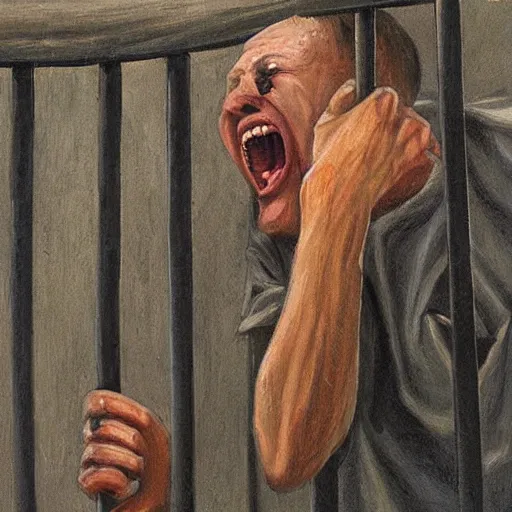 Image similar to a screaming prisoner holding prison bars, realism old painting