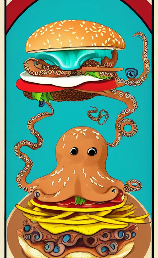 Prompt: highly detailed illustration of octopus as a cheeseburger as an octopus, poster, symmetrical, 8 k, trending