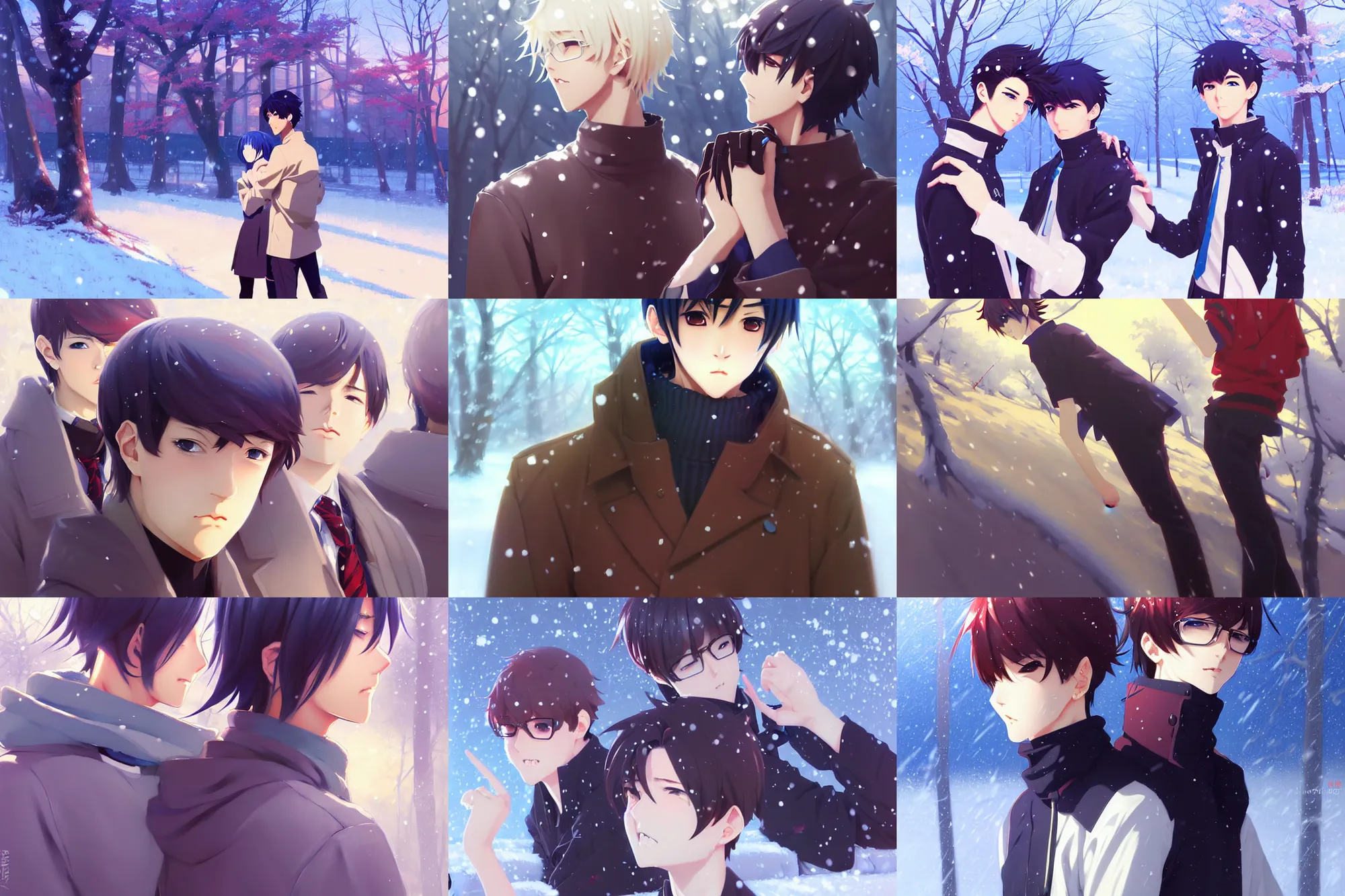 Prompt: boy's love anime high school winter, high detail concept art, perfect proportions fine face, tall handsome guys, close together romantic undertones, avant uniform, vivid colors, realistic shaded lighting poster fantasy art ilya kuvshinov, katsuhiro, jeremy lipking and michael germash, makoto shinkai, loish and clamp style, best selling artist