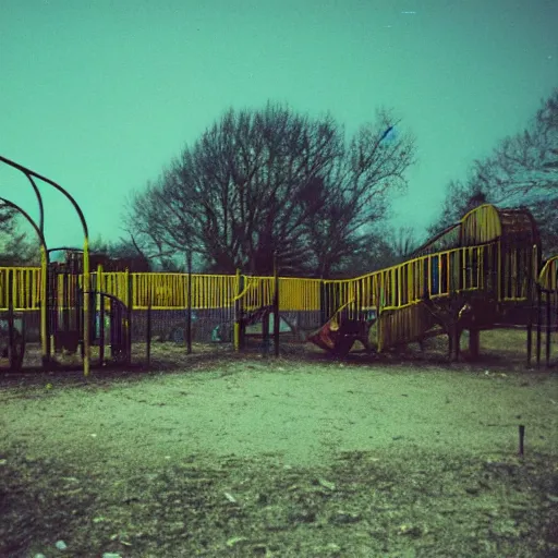 Prompt: an eerie photo of an abandoned children's playground from the 1 9 9 0 s at night, disposable film