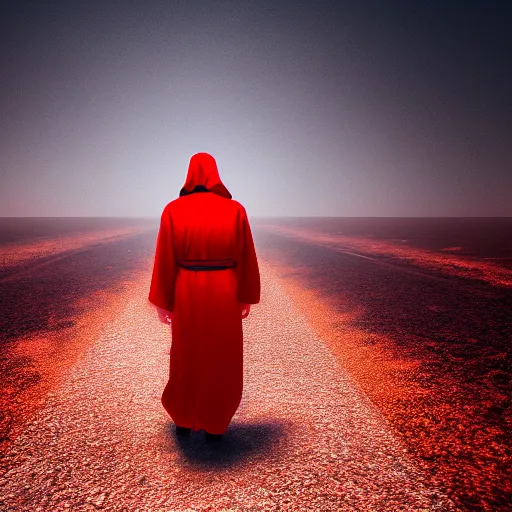 Prompt: an evil demon wearing red robes walking in a desert, sunny weather, rendered in octane, realistic, 8 k, vivid, intricate, detailed, mist, fog, dramatic light