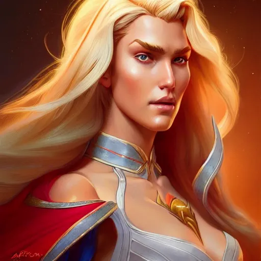 Prompt: Bar Rafaeli with blonde hair as She-Ra, western, D&D, fantasy, intricate, elegant, highly detailed, digital painting, artstation, concept art, matte, sharp focus, illustration, art by Artgerm and Greg Rutkowski and Alphonse Mucha