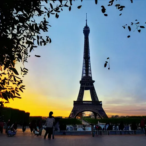 Image similar to photo of the eiffel tower at sunset with chinese tourists everywhere - chinese writing signs on tower - comic book style