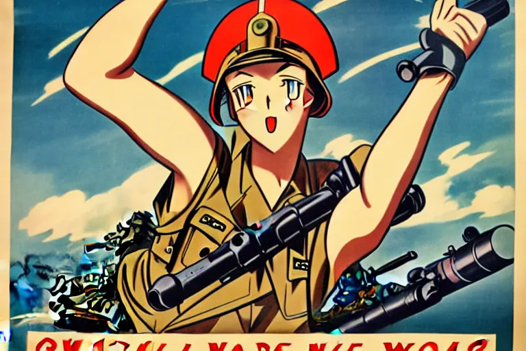 Prompt: 1940s, war, anime, poster, tanks